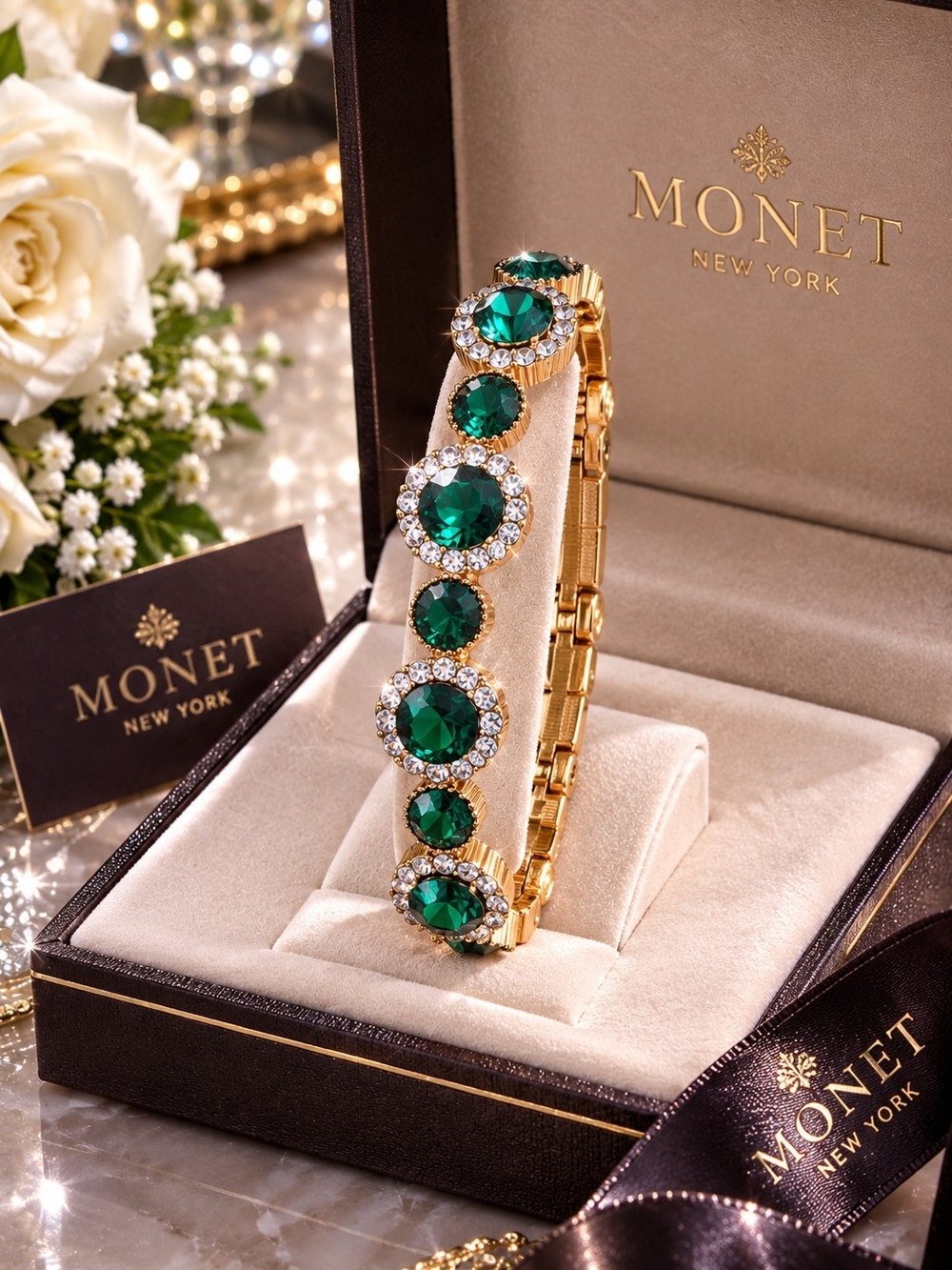 Emerald Green Crystal & Cubic Zirconia Stainless Steel Statement Bracelet